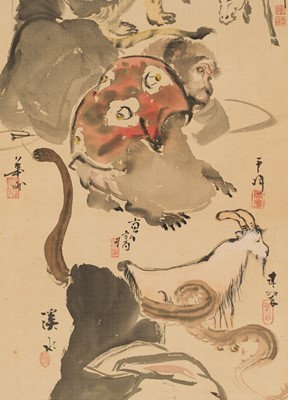 Lot 755 - A RARE COLLABORATIVE HANGING SCROLL PAINTING DEPICTING THE TWELVE ANIMALS OF THE ZODIAC (JUNISHI)