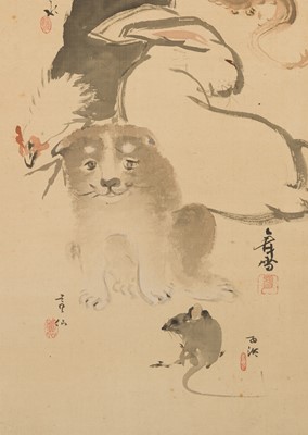 Lot 755 - A RARE COLLABORATIVE HANGING SCROLL PAINTING DEPICTING THE TWELVE ANIMALS OF THE ZODIAC (JUNISHI)