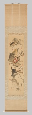 Lot 755 - A RARE COLLABORATIVE HANGING SCROLL PAINTING DEPICTING THE TWELVE ANIMALS OF THE ZODIAC (JUNISHI)