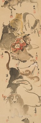 Lot 755 - A RARE COLLABORATIVE HANGING SCROLL PAINTING DEPICTING THE TWELVE ANIMALS OF THE ZODIAC (JUNISHI)