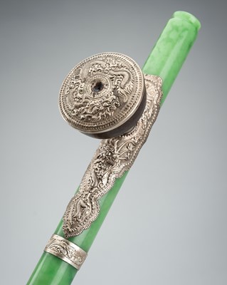 Lot 1684 - A GREEN JADEITE IMITATION GLASS OPIUM PIPE, DATED 1911