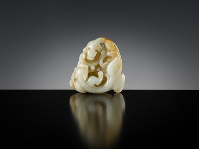 Lot 175 - A PALE CELADON AND RUSSET JADE ‘CHILONG AND YOUNG WITH LINGZHI’ BI DISK, 18TH-19TH CENTURY