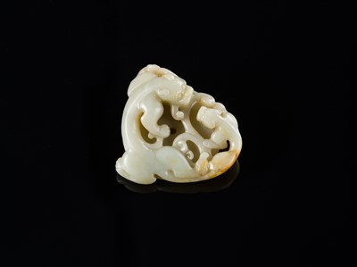 Lot 175 - A PALE CELADON AND RUSSET JADE ‘CHILONG AND YOUNG WITH LINGZHI’ BI DISK, 18TH-19TH CENTURY