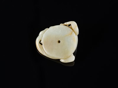 Lot 175 - A PALE CELADON AND RUSSET JADE ‘CHILONG AND YOUNG WITH LINGZHI’ BI DISK, 18TH-19TH CENTURY