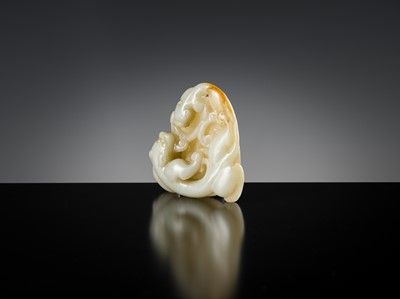 Lot 175 - A PALE CELADON AND RUSSET JADE ‘CHILONG AND YOUNG WITH LINGZHI’ BI DISK, 18TH-19TH CENTURY