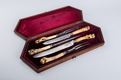 A FINE SET OF WILLIAM ANGUS CUTLERY WITH ANTLER HANDLES DEPICTING MONKEYS