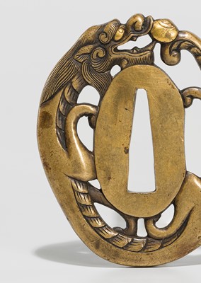 Lot 228 - A FINE YOSHIYUKI SCHOOL SENTOKU TSUBA IN THE FORM OF A DRAGON