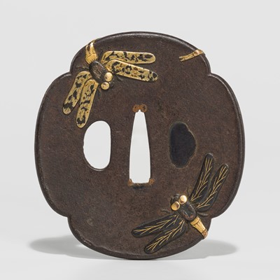 Lot 233 - AN IRON TSUBA DEPICTING DRAGONFLIES