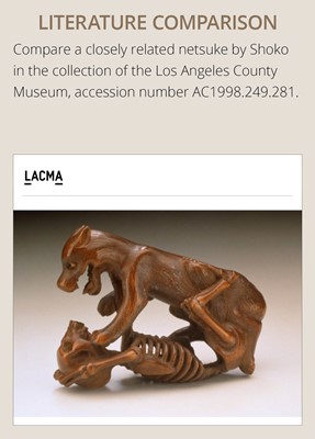 Lot 98 - A FINE WOOD NETSUKE OF A WOLF AND SKELETON, ATTRIBUTED TO SHOKO SUGONOYA