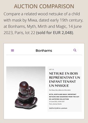 Lot 437 - MIWA: A WOOD NETSUKE OF A BOY HIDING A HANYA MASK