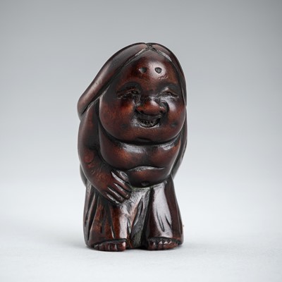 A LARGE WOOD SHUNGA NETSUKE OF OKAME