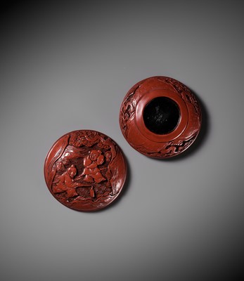 A CINNABAR LACQUER ‘BOYS AT PLAY’ SEAL PASTE BOX AND COVER, 16TH-17TH CENTURY