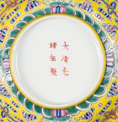A YELLOW-GROUND FAMILLE ROSE ‘WANSHOU WUJIANG’ (‘MAY YOU LIVE FOREVER’) BOWL AND COVER, GUANGXU MARK AND PERIOD
