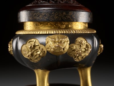 Lot 75 - A SAWASA GILT BRONZE CENSER WITH MATCHING HARDWOOD STAND, COVER AND WHITE JADE FINIAL, 17TH-18TH CENTURY