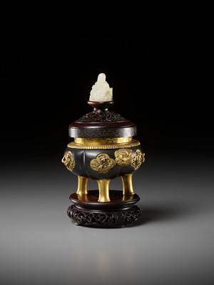 Lot 75 - A SAWASA GILT BRONZE CENSER WITH MATCHING HARDWOOD STAND, COVER AND WHITE JADE FINIAL, 17TH-18TH CENTURY