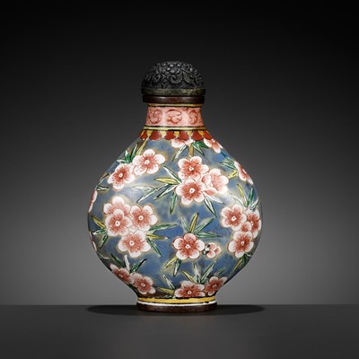 Lot 1821 - A CANTON ENAMEL ‘PRUNUS AND BAMBOO’ SNUFF BOTTLE, 20TH CENTURY OR EARLIER