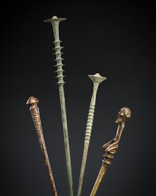 A GROUP OF FOUR BRONZE TATTOO NEEDLES, MYANMAR AND INDONESIA
