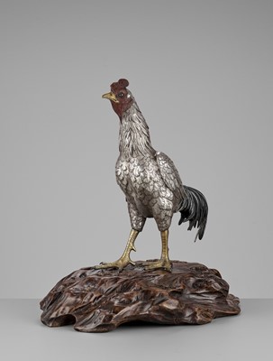 Lot 13 - SEIYA: AN UNUSUAL AND RARE PARCEL-GILT SILVERED BRONZE OKIMONO OF A COCKEREL