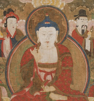 Lot 33 - A LARGE BUDDHIST PAINTING OF AMITA BUL (BUDDHA AMITABHA) PREACHING IN THE WESTERN PARADISE, JOSEON DYNASTY