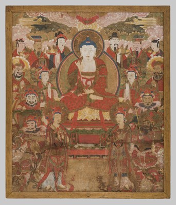 Lot 33 - A LARGE BUDDHIST PAINTING OF AMITA BUL (BUDDHA AMITABHA) PREACHING IN THE WESTERN PARADISE, JOSEON DYNASTY