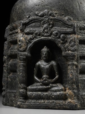 Lot 249 - A BLACK STONE STUPA DRUM WITH FOUR BUDDHAS, PALA PERIOD