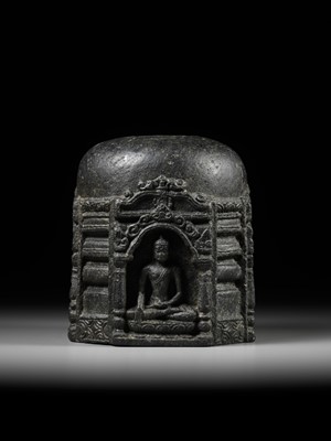 Lot 249 - A BLACK STONE STUPA DRUM WITH FOUR BUDDHAS, PALA PERIOD