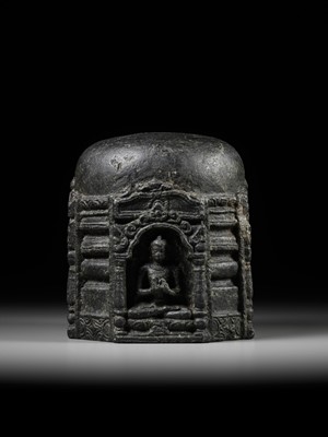 Lot 249 - A BLACK STONE STUPA DRUM WITH FOUR BUDDHAS, PALA PERIOD