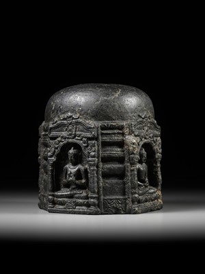Lot 249 - A BLACK STONE STUPA DRUM WITH FOUR BUDDHAS, PALA PERIOD
