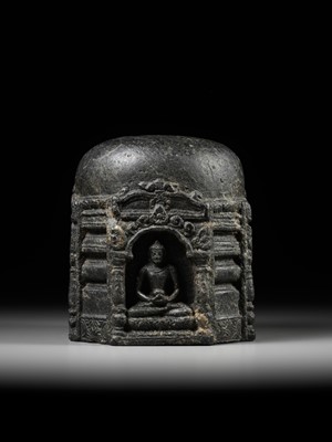Lot 249 - A BLACK STONE STUPA DRUM WITH FOUR BUDDHAS, PALA PERIOD