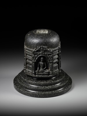 Lot 249 - A BLACK STONE STUPA DRUM WITH FOUR BUDDHAS, PALA PERIOD