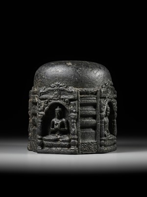 Lot 249 - A BLACK STONE STUPA DRUM WITH FOUR BUDDHAS, PALA PERIOD