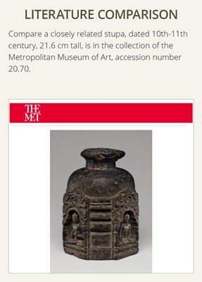 Lot 249 - A BLACK STONE STUPA DRUM WITH FOUR BUDDHAS, PALA PERIOD