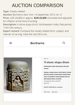 Lot 249 - A BLACK STONE STUPA DRUM WITH FOUR BUDDHAS, PALA PERIOD