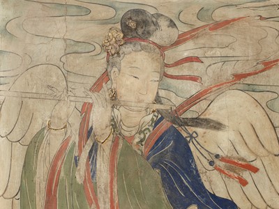 Lot 48 - A POLYCHROME STUCCO FRESCO FRAGMENT DEPICTING A CELESTIAL MAIDEN PLAYING THE DIZI, YUAN TO MING DYNASTY