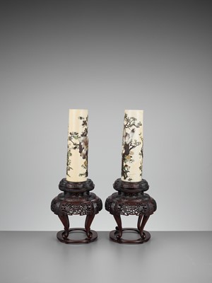 Lot 257 - AN IMPRESSIVE PAIR OF SHIBAYAMA INLAID TUSK VASES ON WOOD STANDS