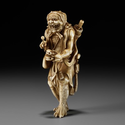 Lot 197 - TOMOMASA: A FINE IVORY NETSUKE OF A REPENTANT ONI