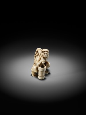 Lot 500 - RYOZAN: AN AMUSING IVORY NETSUKE OF AN ONI CARRYING A BONSHO AND CHOCHIN, CHOCHIN NI TSURIGANE