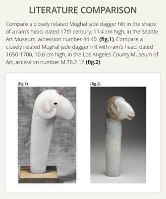 Lot 307 - A MUGHAL CELADON JADE ‘RAM’ HILT, INDIA, 17TH-18TH CENTURY