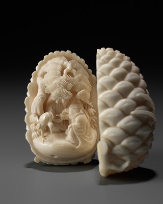 Lot 76 - KAIGYOKU MASATSUGU: A FINE IVORY NETSUKE OF JO AND UBA INSIDE A PINECONE