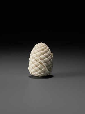 Lot 76 - KAIGYOKU MASATSUGU: A FINE IVORY NETSUKE OF JO AND UBA INSIDE A PINECONE