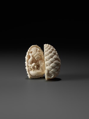 Lot 76 - KAIGYOKU MASATSUGU: A FINE IVORY NETSUKE OF JO AND UBA INSIDE A PINECONE