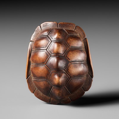 Lot 490 - MASATOMO: A WOOD NETSUKE OF A TORTOISE