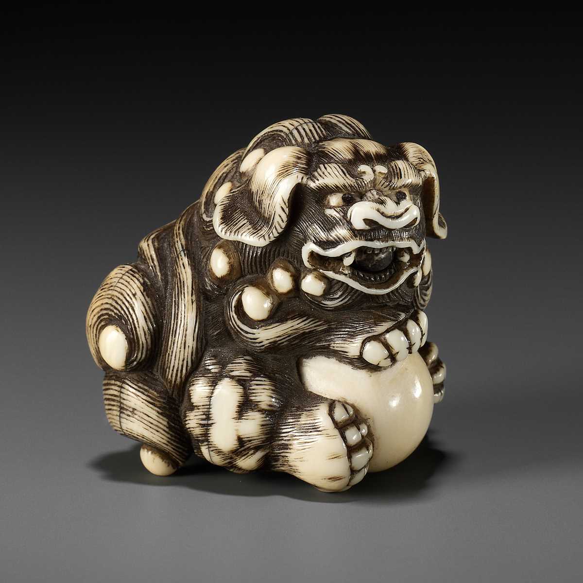 Lot 48 - GYOKUZAN: AN IVORY NETSUKE OF A SHISHI