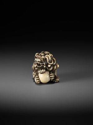 Lot 48 - GYOKUZAN: AN IVORY NETSUKE OF A SHISHI