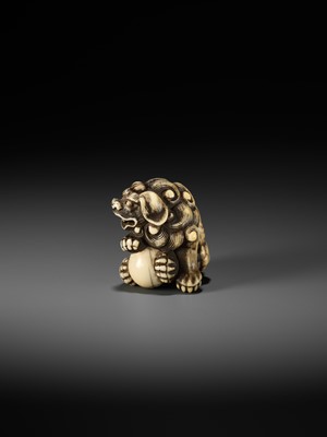 Lot 48 - GYOKUZAN: AN IVORY NETSUKE OF A SHISHI