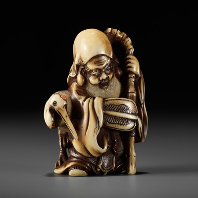 Lot 502 - MASATOSHI: A FINE IVORY NETSUKE OF JUROJIN WITH CRANE