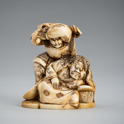 Lot 589 - MASATAMI: AN IVORY NETSUKE-OKIMONO OF A SAMURAI AND A DEMONESS