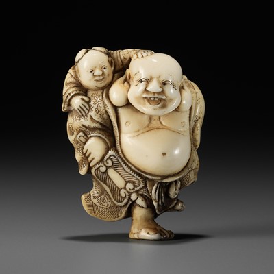 Lot 433 - YOSHINAGA: A CHARMING IVORY NETSUKE OF HOTEI AND KARAKO