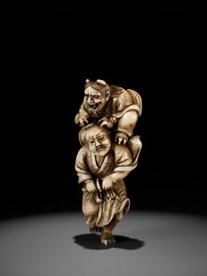 Lot 172 - IKKOSAI: A POWERFUL IVORY NETSUKE OF OMORI HIKOSHICHI ENCOUNTERING THE DEMONESS