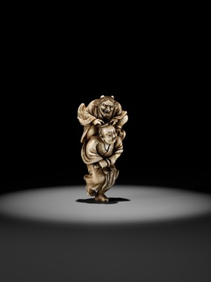 Lot 172 - IKKOSAI: A POWERFUL IVORY NETSUKE OF OMORI HIKOSHICHI ENCOUNTERING THE DEMONESS